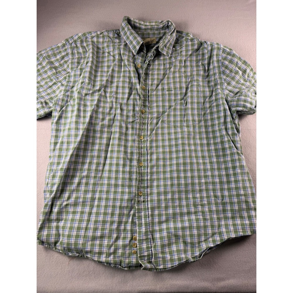 Eddie Bauer Mens XXL Green Blue Plaid Short Sleeve Cotton Button Down Shirt 0074